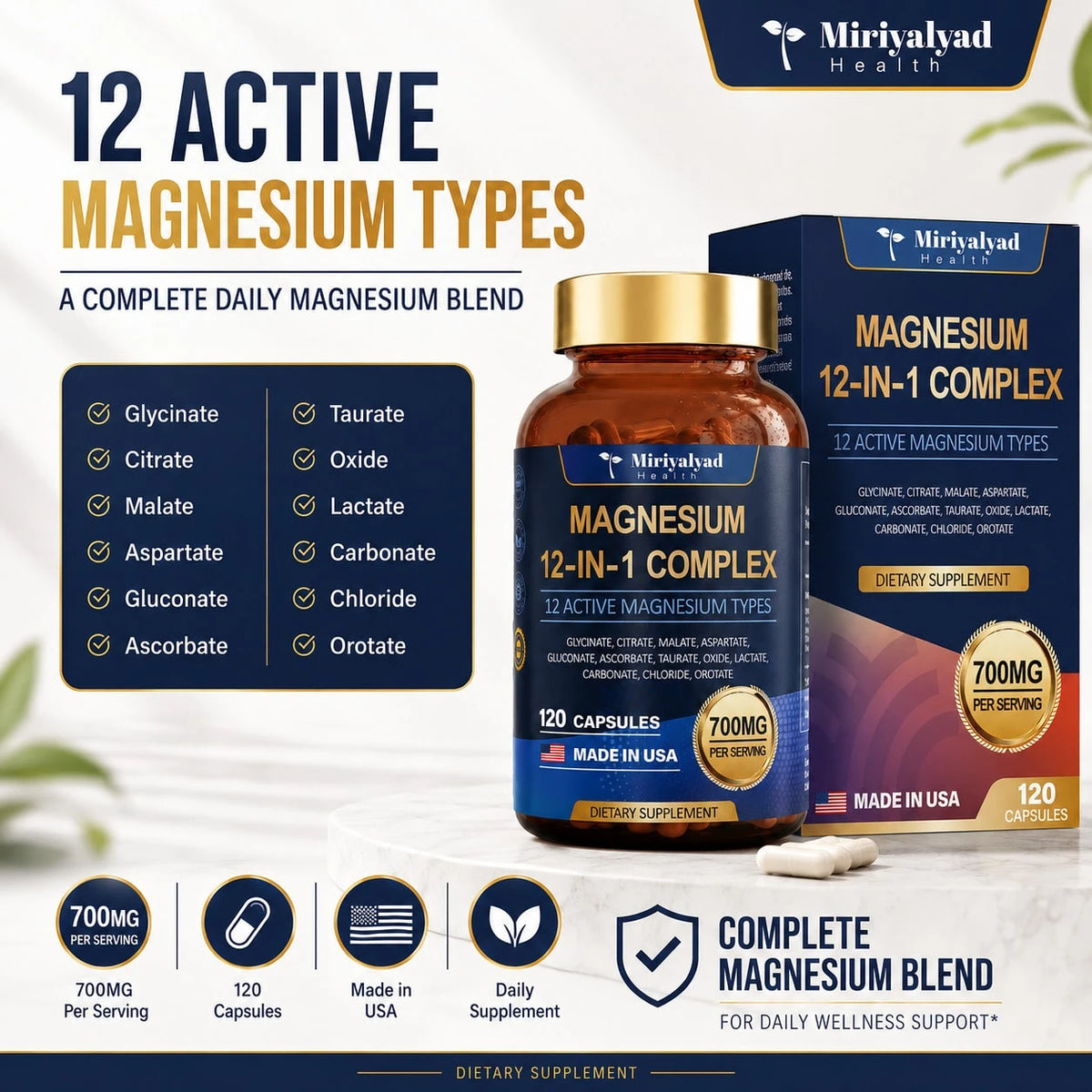 12-In-1 Magnesium Complex 700mg Supplement Capsules - Relaxation Muscle, Heart Health, Stress Relief, Vegan, 120 Counts, Dietary Supplement
