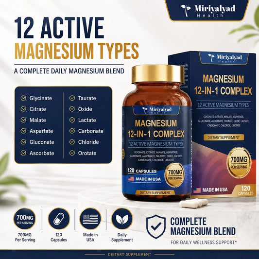 12-In-1 Magnesium Complex 700mg Supplement Capsules - Relaxation Muscle, Heart Health, Stress Relief, Vegan, 120 Counts, Dietary Supplement