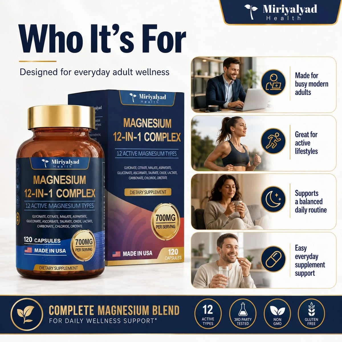 12-In-1 Magnesium Complex 700mg Supplement Capsules - Relaxation Muscle, Heart Health, Stress Relief, Vegan, 120 Counts, Dietary Supplement