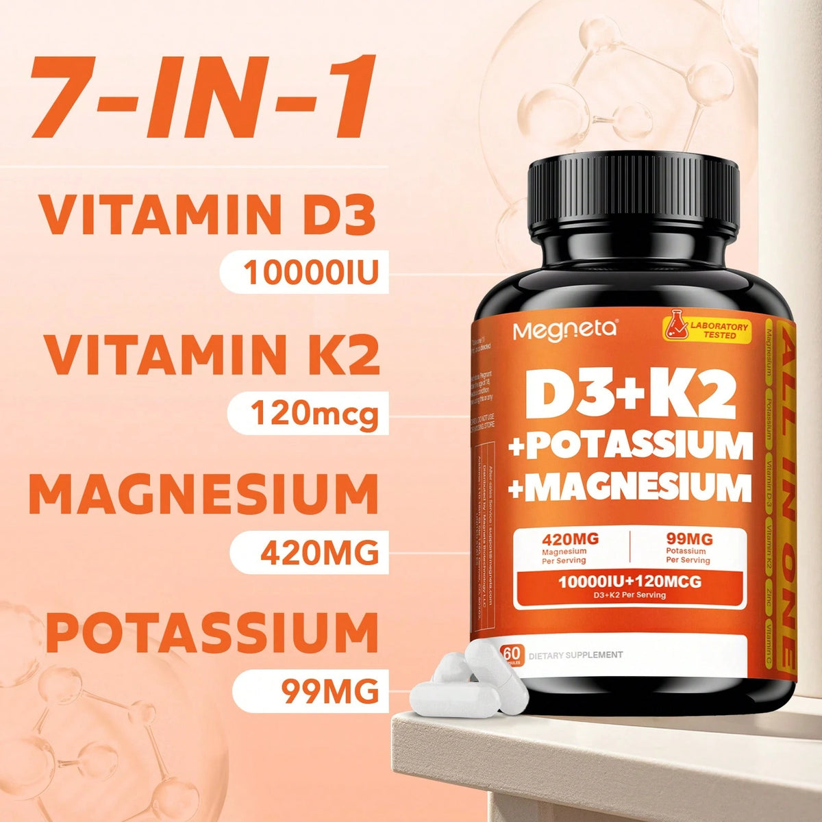7-in-1 Vitamin D3 + K2 Supplement – Magnesium, Zinc & Vitamin C Vegan Capsules