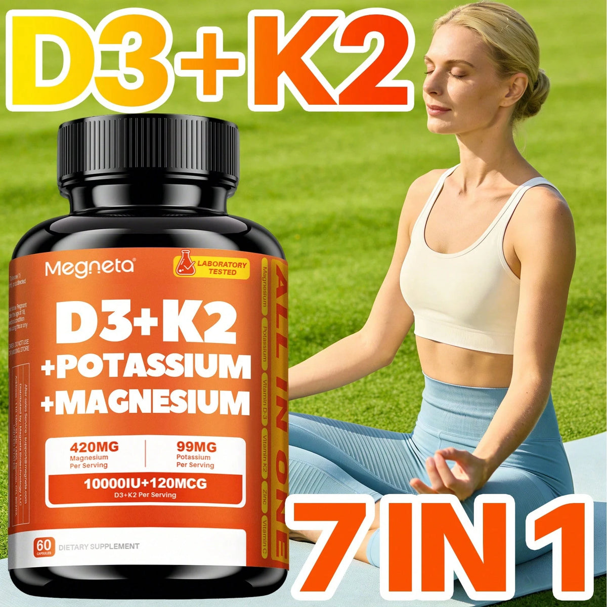 7-in-1 Vitamin D3 + K2 Supplement – Magnesium, Zinc & Vitamin C Vegan Capsules