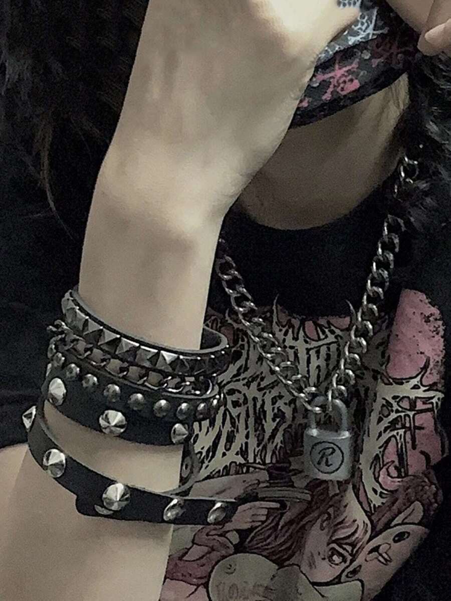 Punk Leather Cuff Bracelet - Goth Leather Wristband With Metal Studded - 80s Pun - image 2