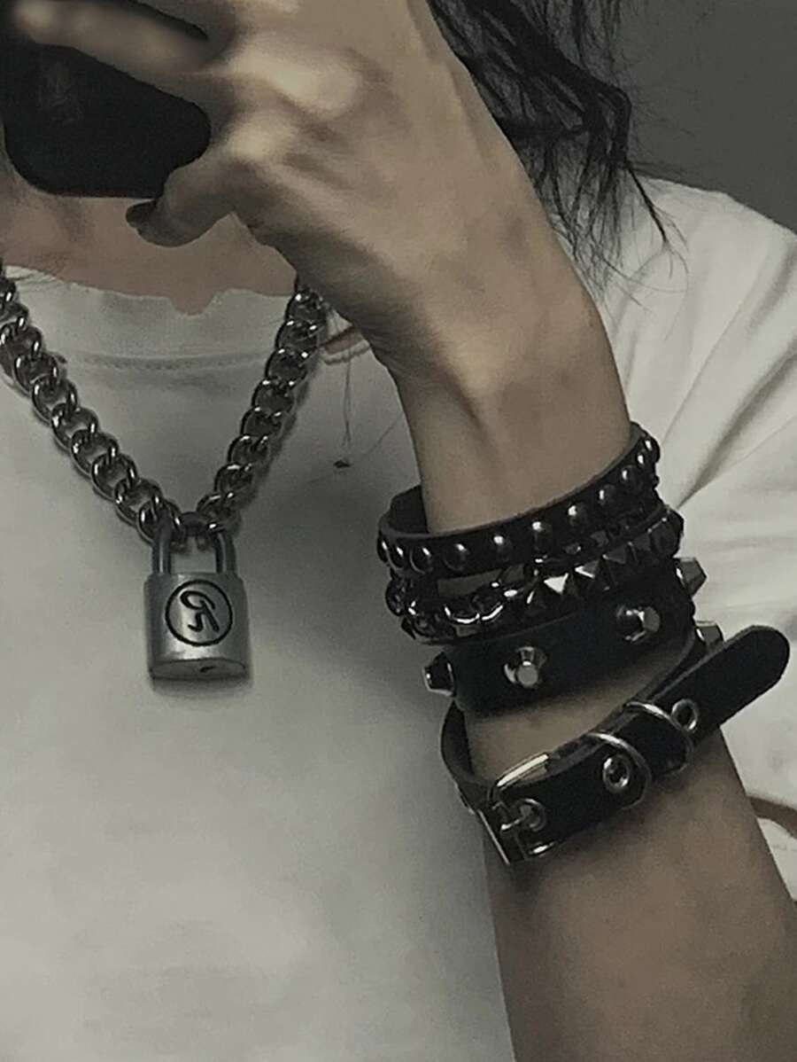 Punk Leather Cuff Bracelet - Goth Leather Wristband With Metal Studded - 80s Pun - image 3