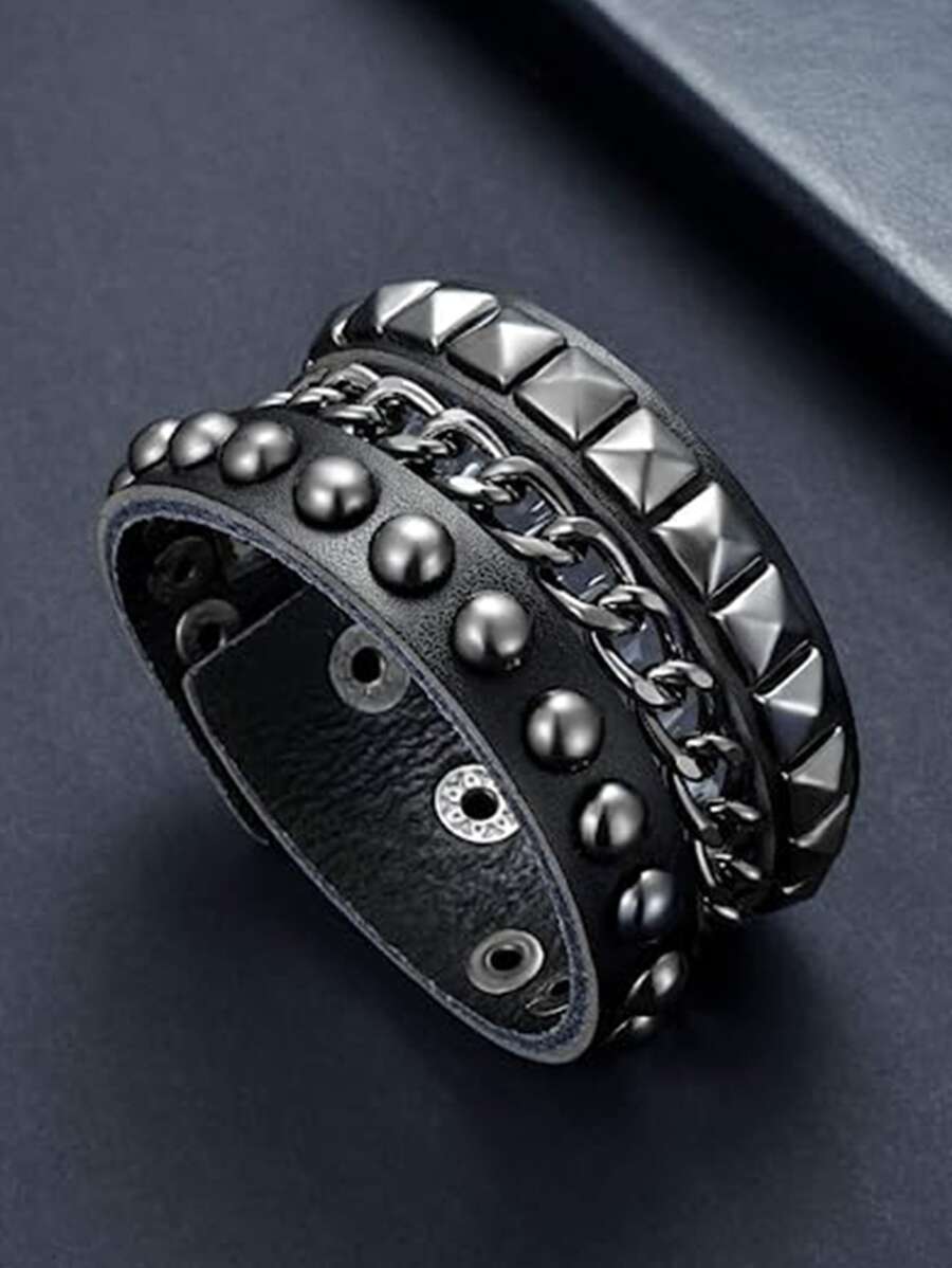 Punk Leather Cuff Bracelet - Goth Leather Wristband With Metal Studded - 80s Pun - image 4