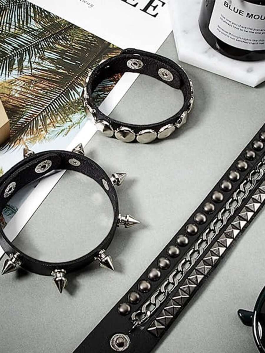 Punk Leather Cuff Bracelet - Goth Leather Wristband With Metal Studded - 80s Pun - image 5