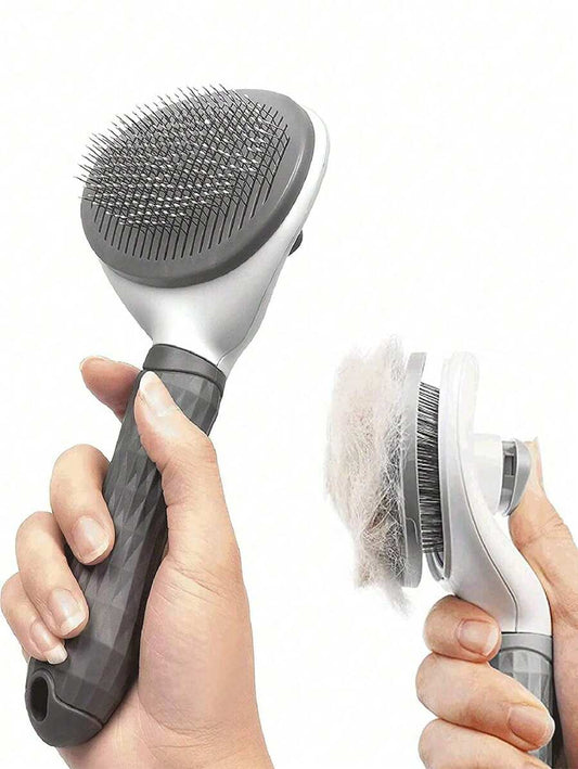 Self-cleaning pet grooming brush for dogs and cats, front view