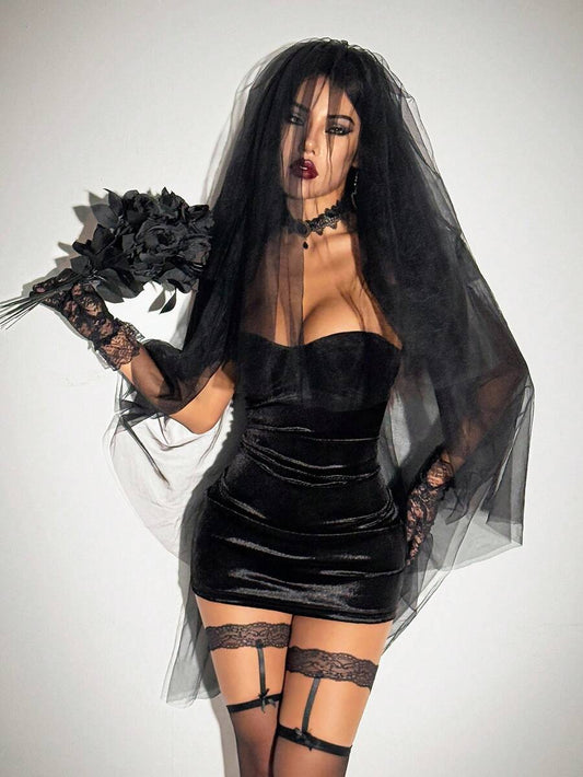 Black velvet strapless bodycon gothic dress with veil headpiece, 2-piece Halloween bride costume
