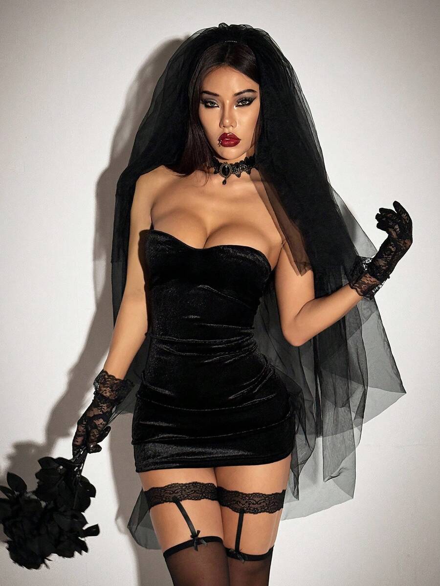 Black velvet strapless bodycon gothic dress with veil headpiece, 2-piece Halloween bride costume