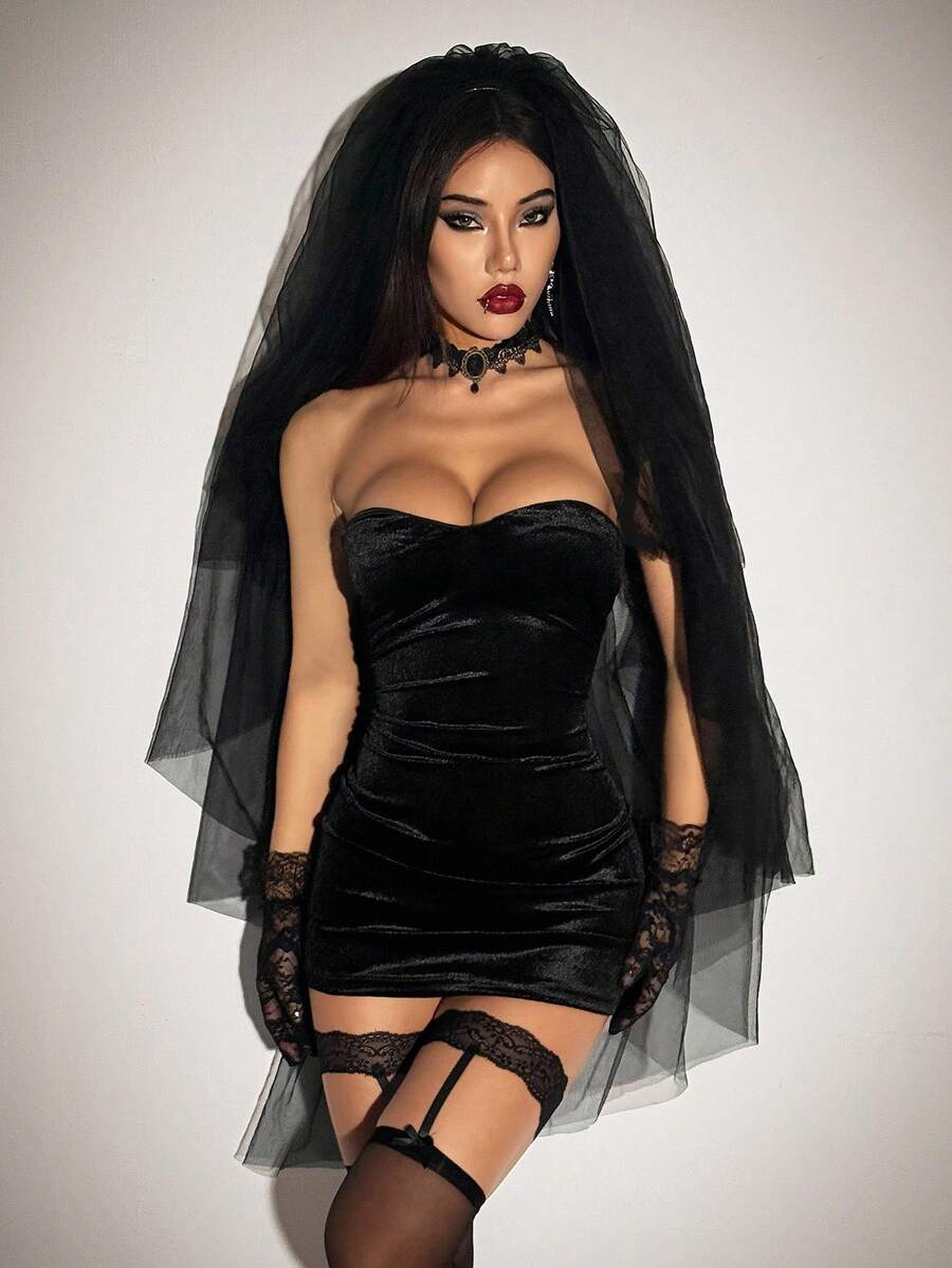 Black velvet strapless bodycon gothic dress with veil headpiece, 2-piece Halloween bride costume
