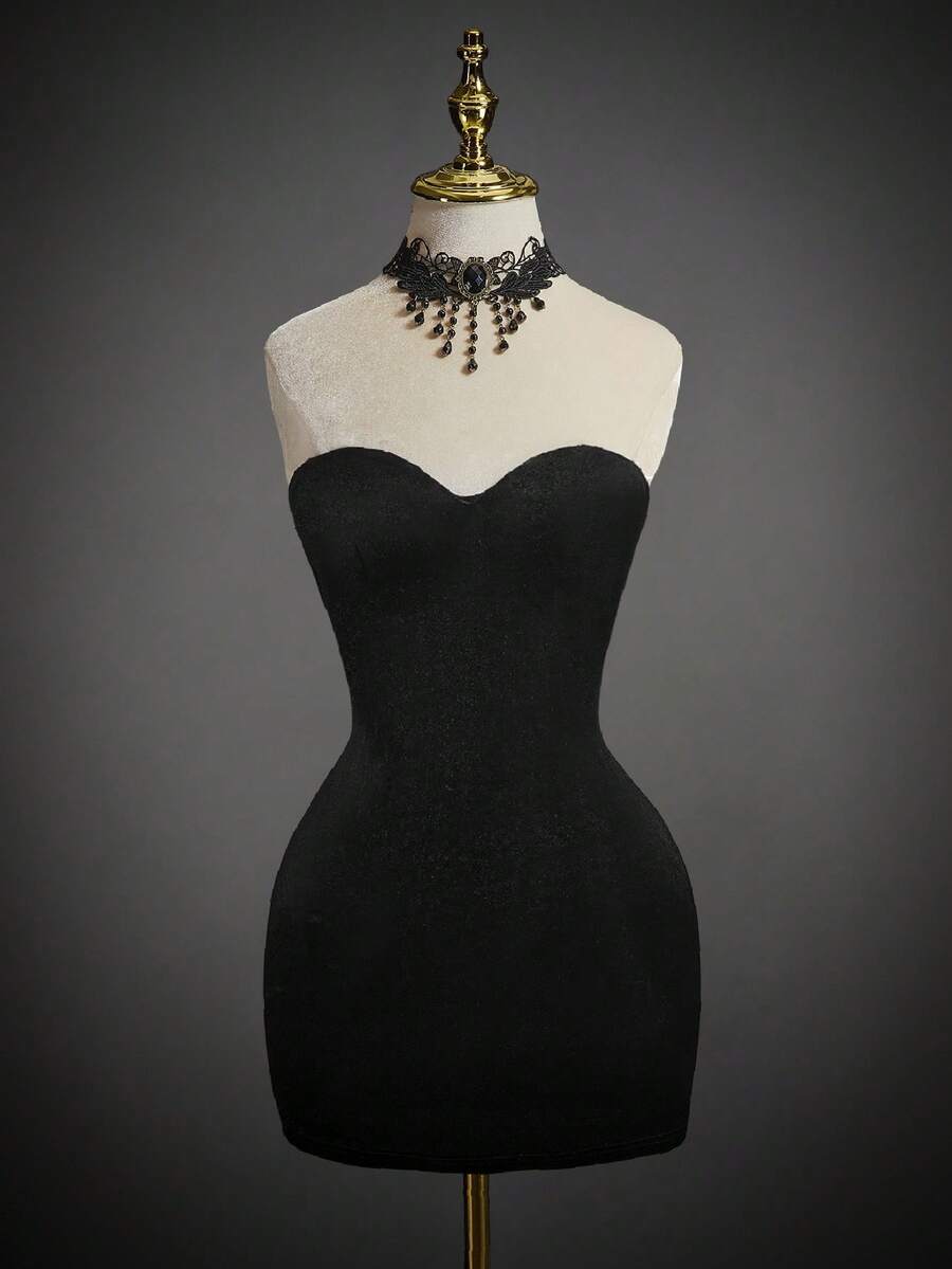 Black velvet strapless bodycon gothic dress with veil headpiece, 2-piece Halloween bride costume