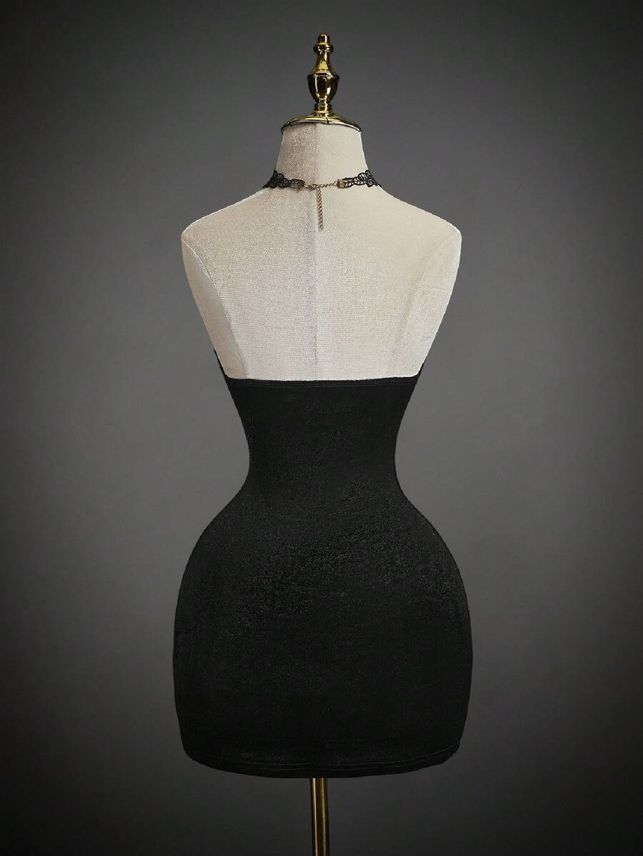 Black velvet strapless bodycon gothic dress with veil headpiece, 2-piece Halloween bride costume