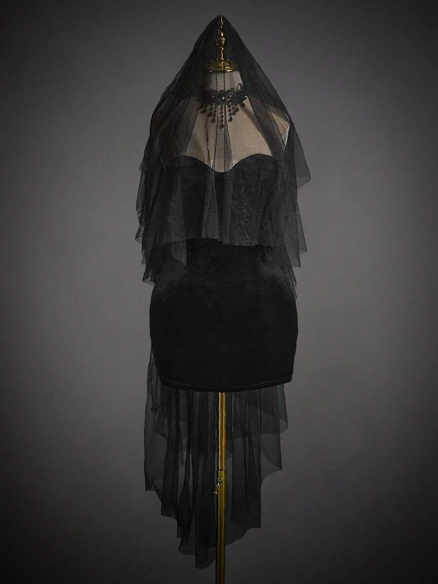 Black velvet strapless bodycon gothic dress with veil headpiece, 2-piece Halloween bride costume