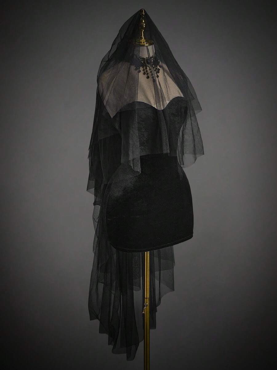 Black velvet strapless bodycon gothic dress with veil headpiece, 2-piece Halloween bride costume
