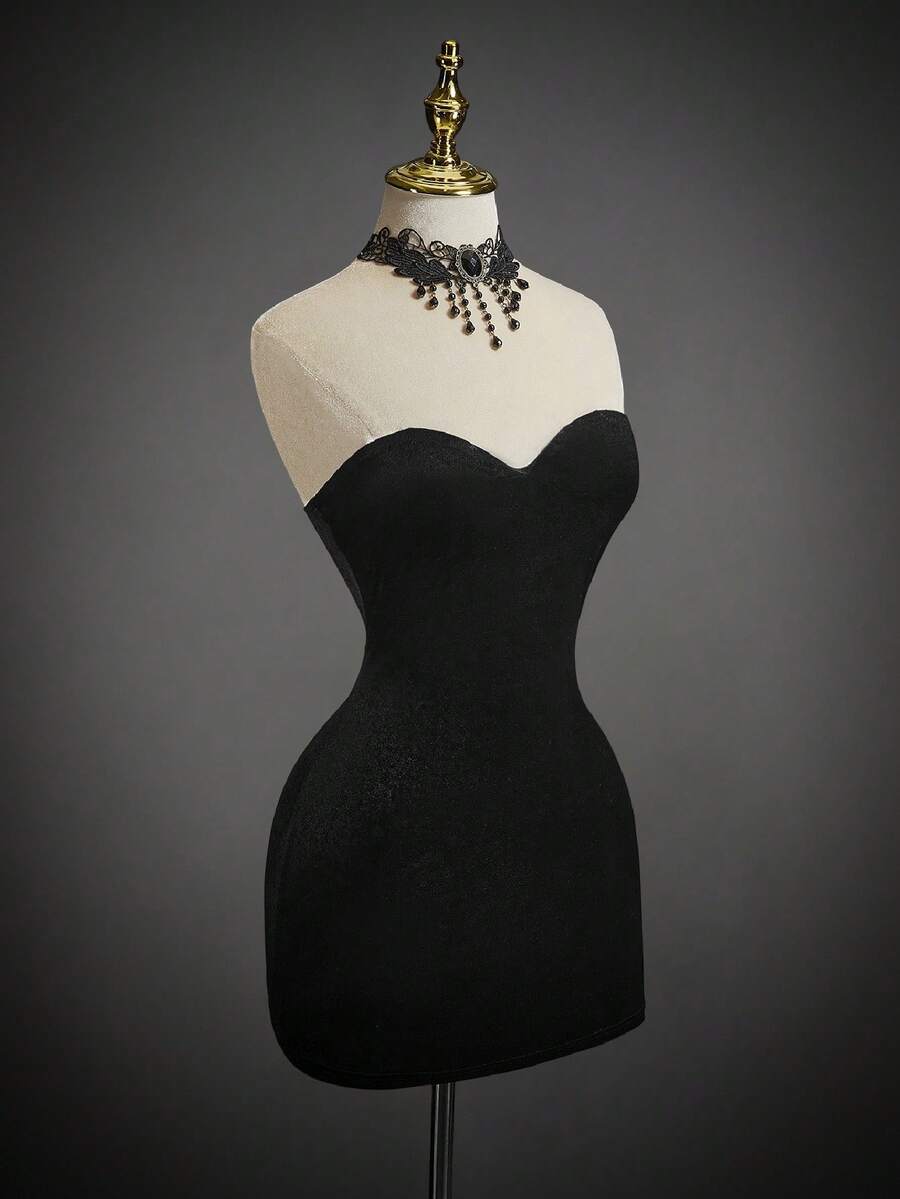 Black velvet strapless bodycon gothic dress with veil headpiece, 2-piece Halloween bride costume