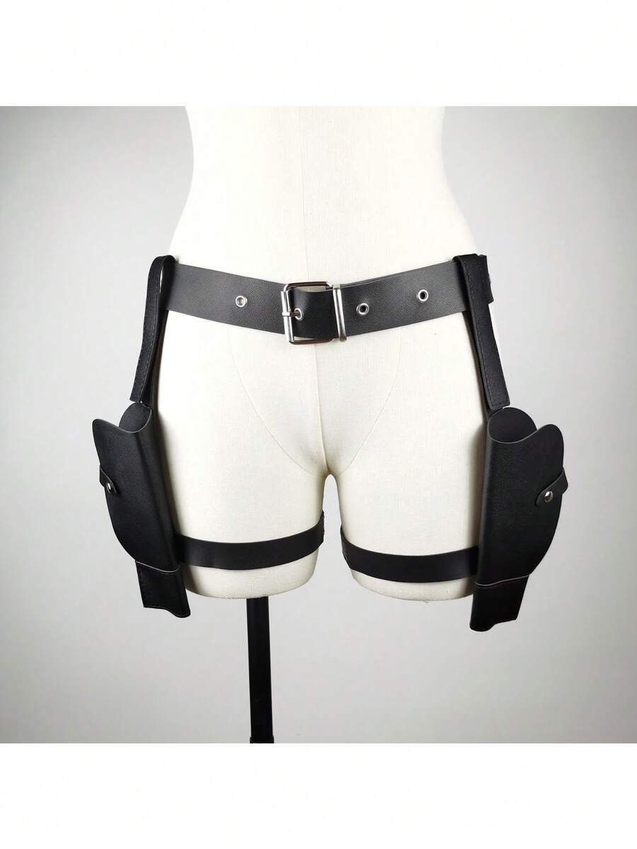 Black Western cowboy belt with dual holsters and golden-tone buckle