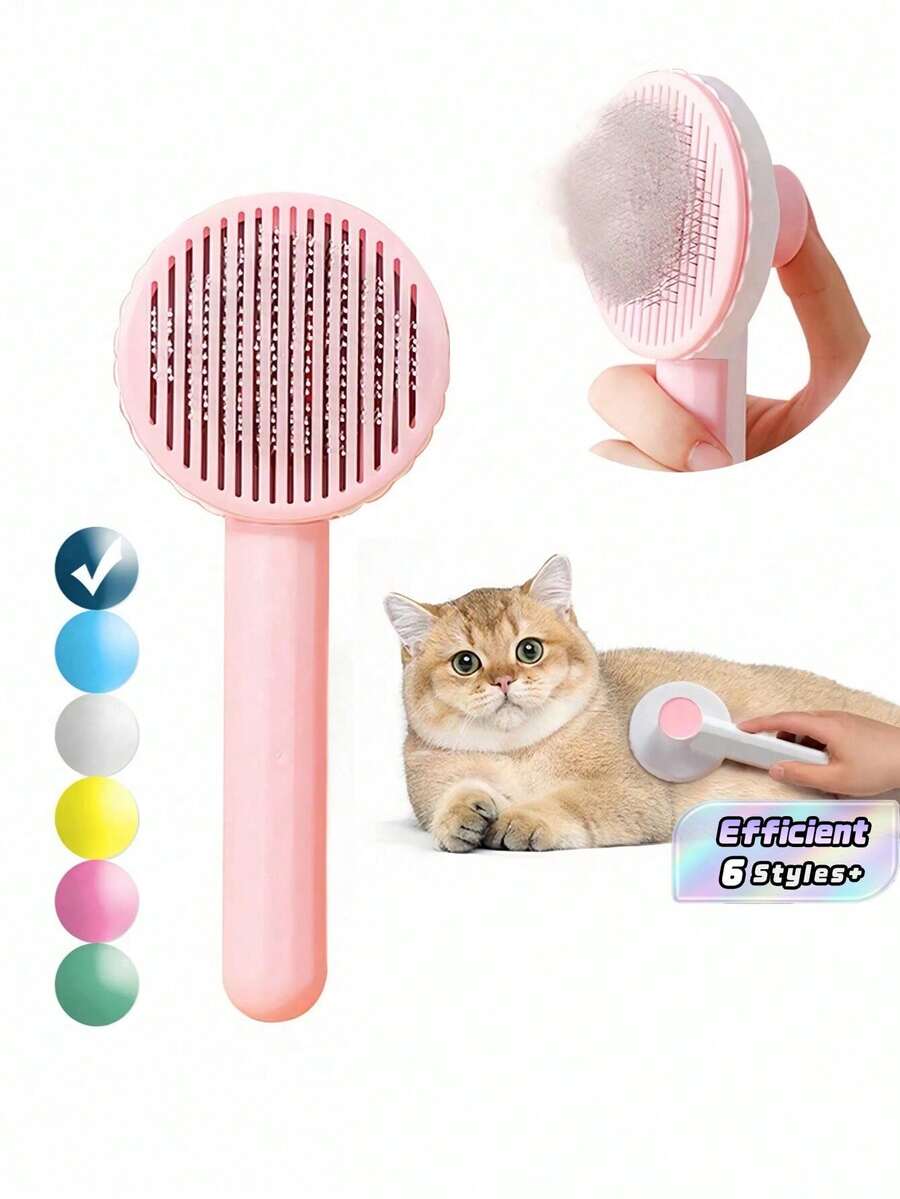 Cat grooming slicker brush with self-cleaning release button