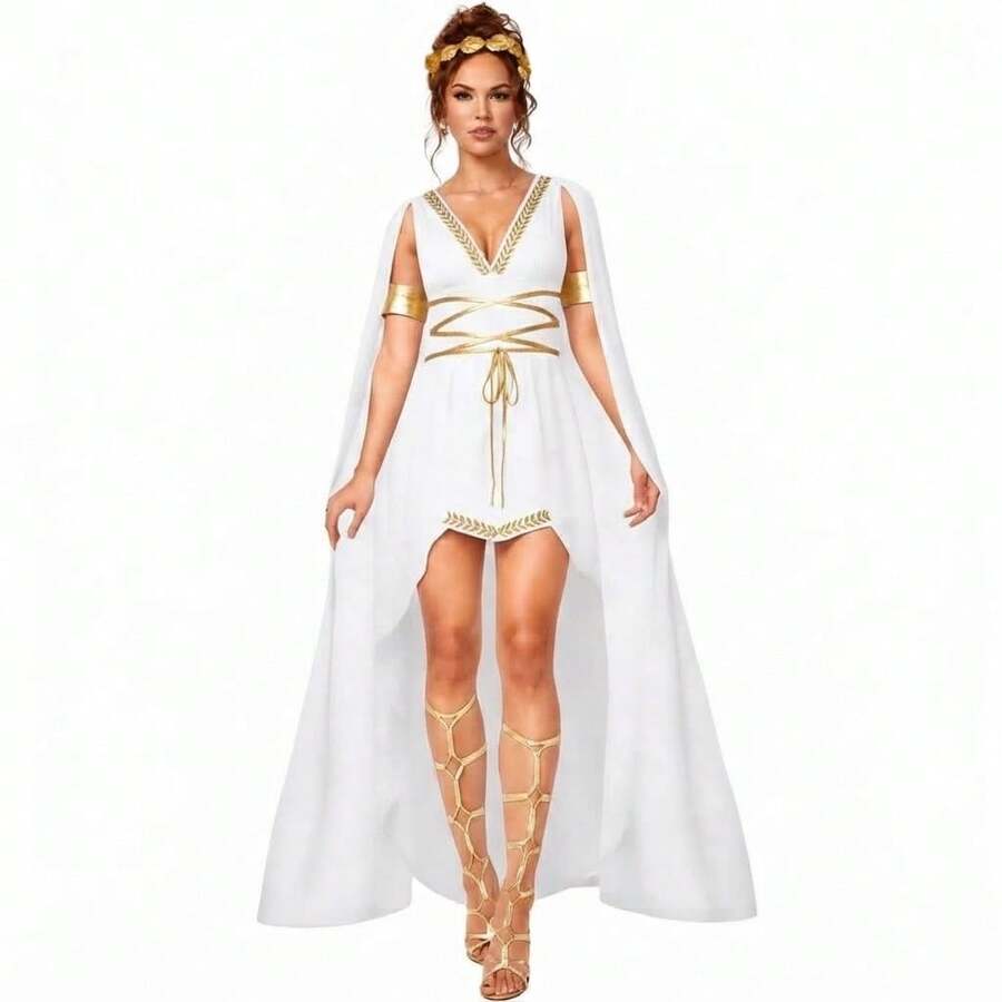 Women's Ancient Greek Goddess Costume Dress Deep V Sleeveless Contrast Lace Up H - XL