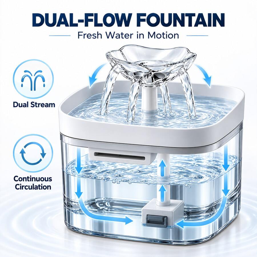 Pet water dispenser with flowing water for cats, close-up