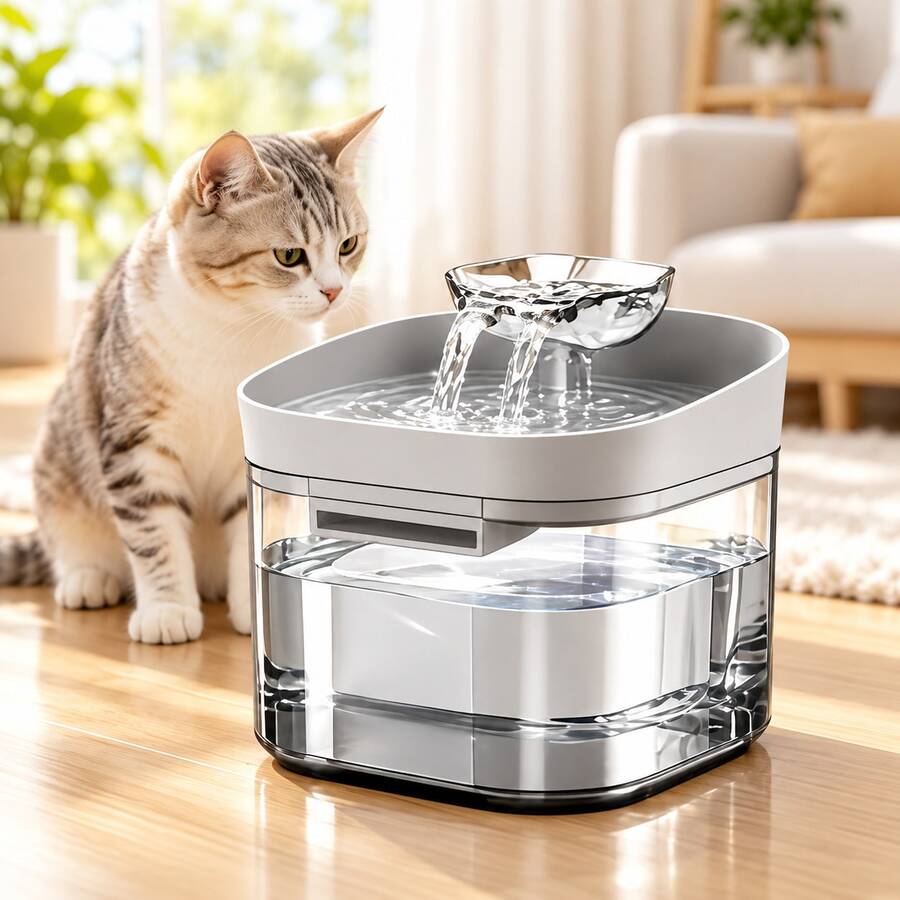 1.8L large capacity cat water fountain in light gray, front view