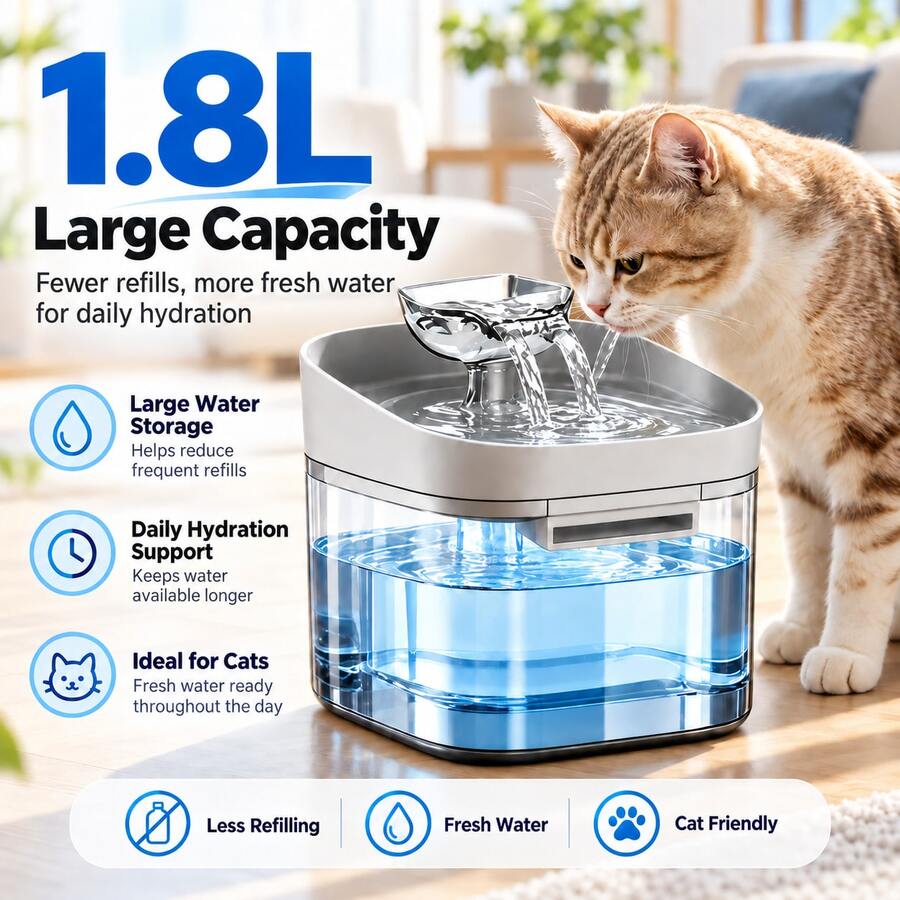 Ultra-quiet USB powered cat water fountain on kitchen floor