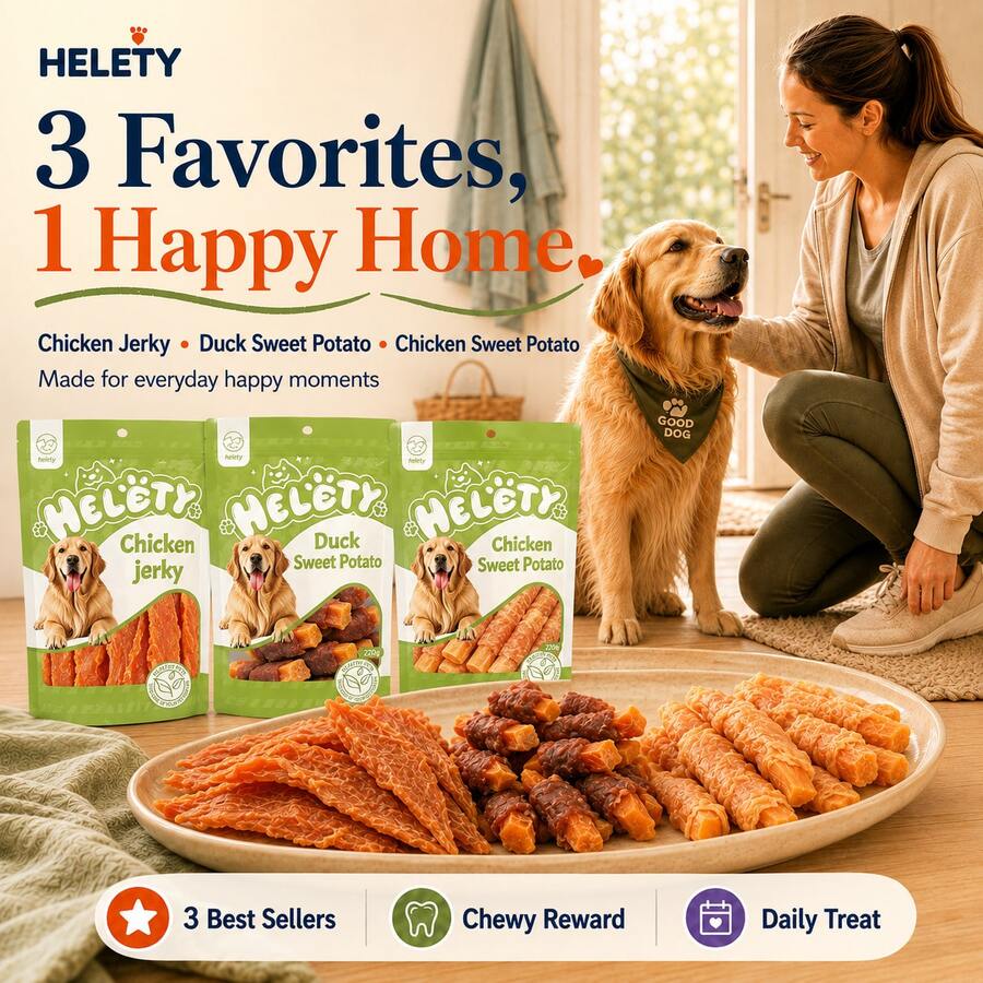 HELETY chewy dog treats range: chicken jerky, duck and chicken sweet potato rolls