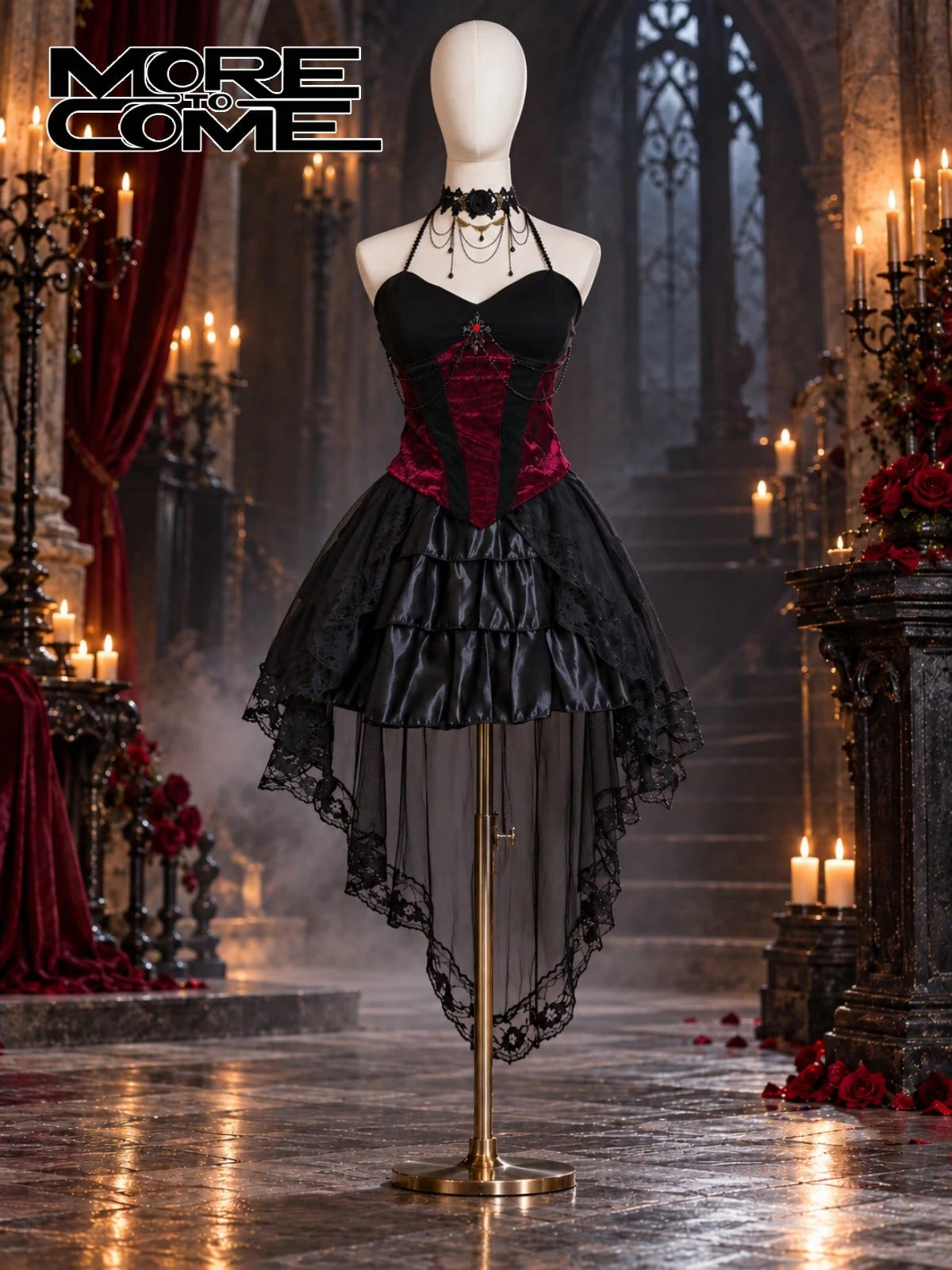 Victorian Gothic High Low Dress for Women black and red vampire costume - view 4