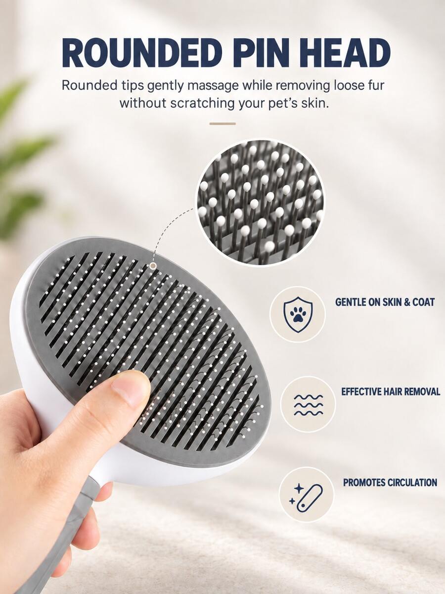 Cat grooming slicker brush with one-button self-cleaning