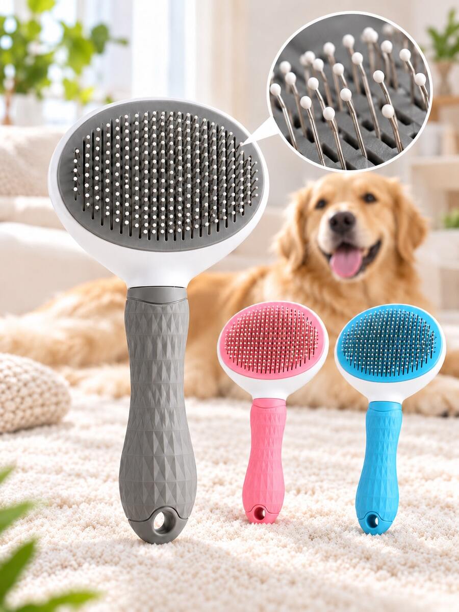Self-cleaning pet slicker brush with rounded-tip metal pins and non-slip handle