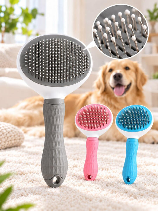 Self-cleaning pet slicker brush with rounded-tip metal pins and non-slip handle
