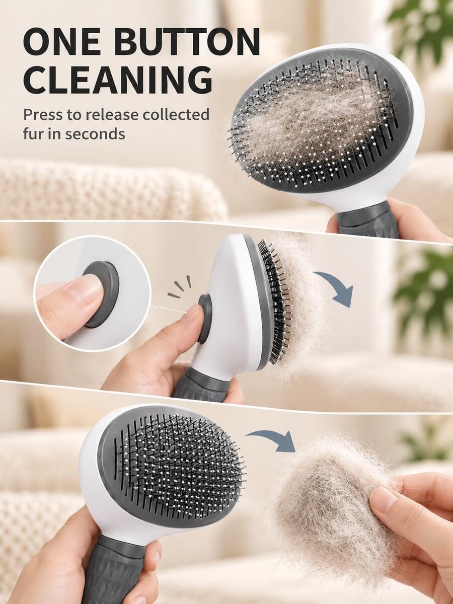 Pet grooming brush removing loose hair from a dog's coat