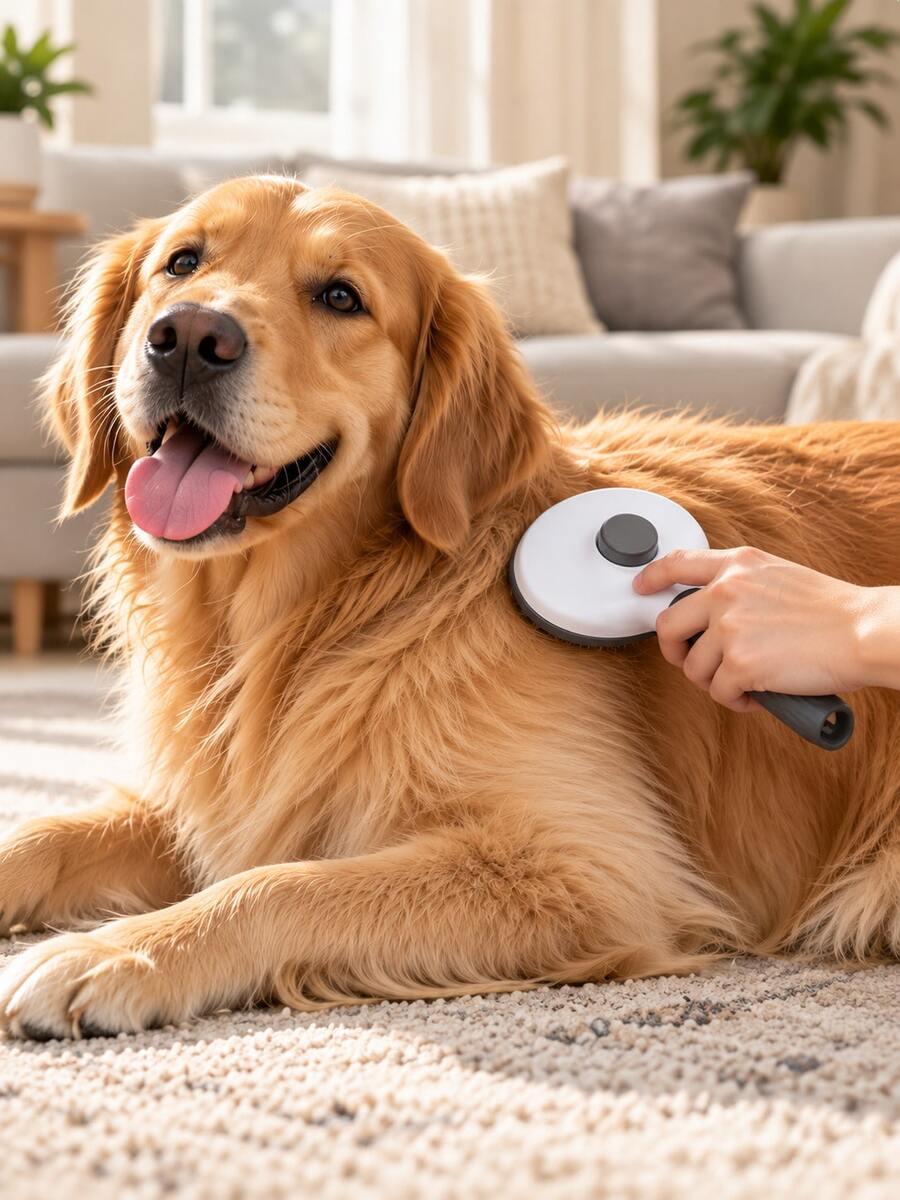 Non-slip handle pet grooming brush in hand
