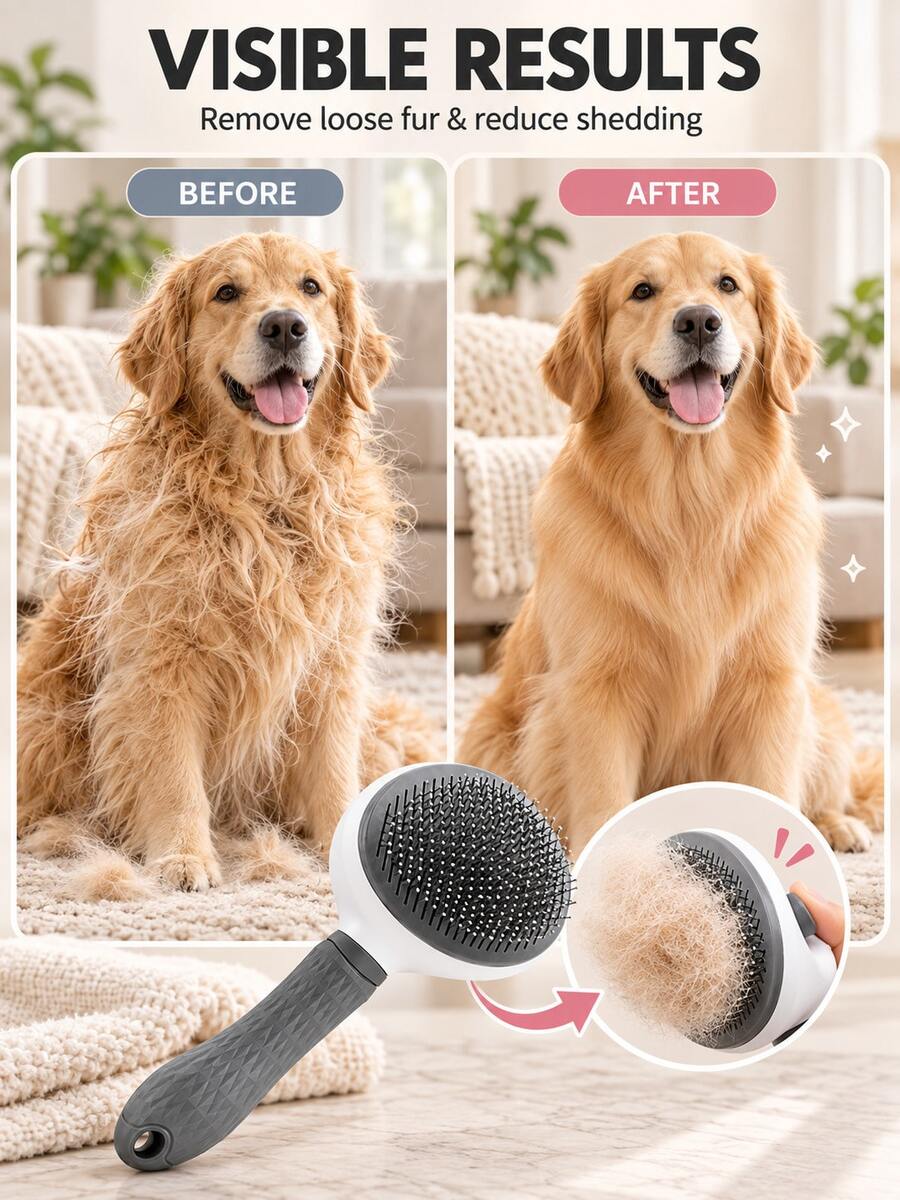 One-button hair removal slicker brush for cats and dogs