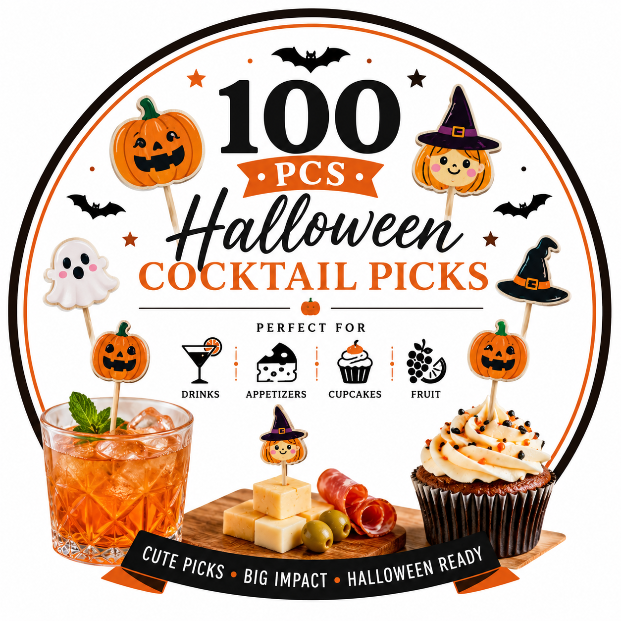 100PCS Halloween Cocktail Picks – Pumpkin & Witch Party Food Picks for Drinks & Appetizers