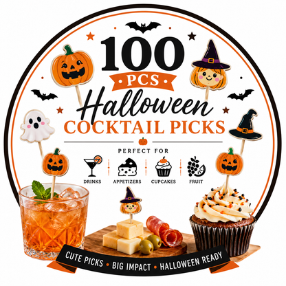 100PCS Halloween Cocktail Picks – Pumpkin & Witch Party Food Picks for Drinks & Appetizers