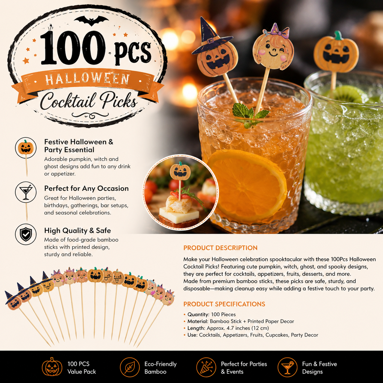 100PCS Halloween Cocktail Picks – Pumpkin & Witch Party Food Picks for Drinks & Appetizers