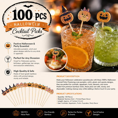 100PCS Halloween Cocktail Picks – Pumpkin & Witch Party Food Picks for Drinks & Appetizers