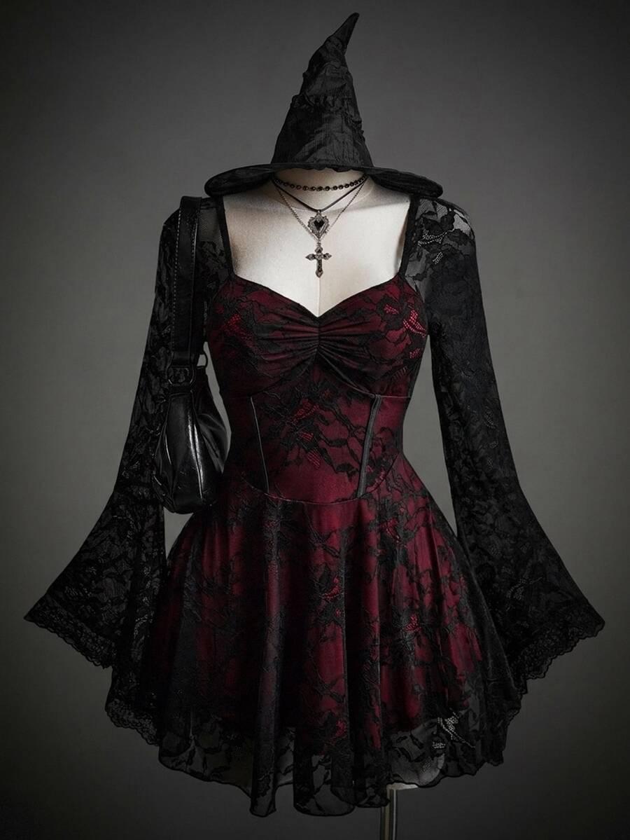 Women's floral lace flounce sleeve ruched bust Halloween dress red and black - view 3