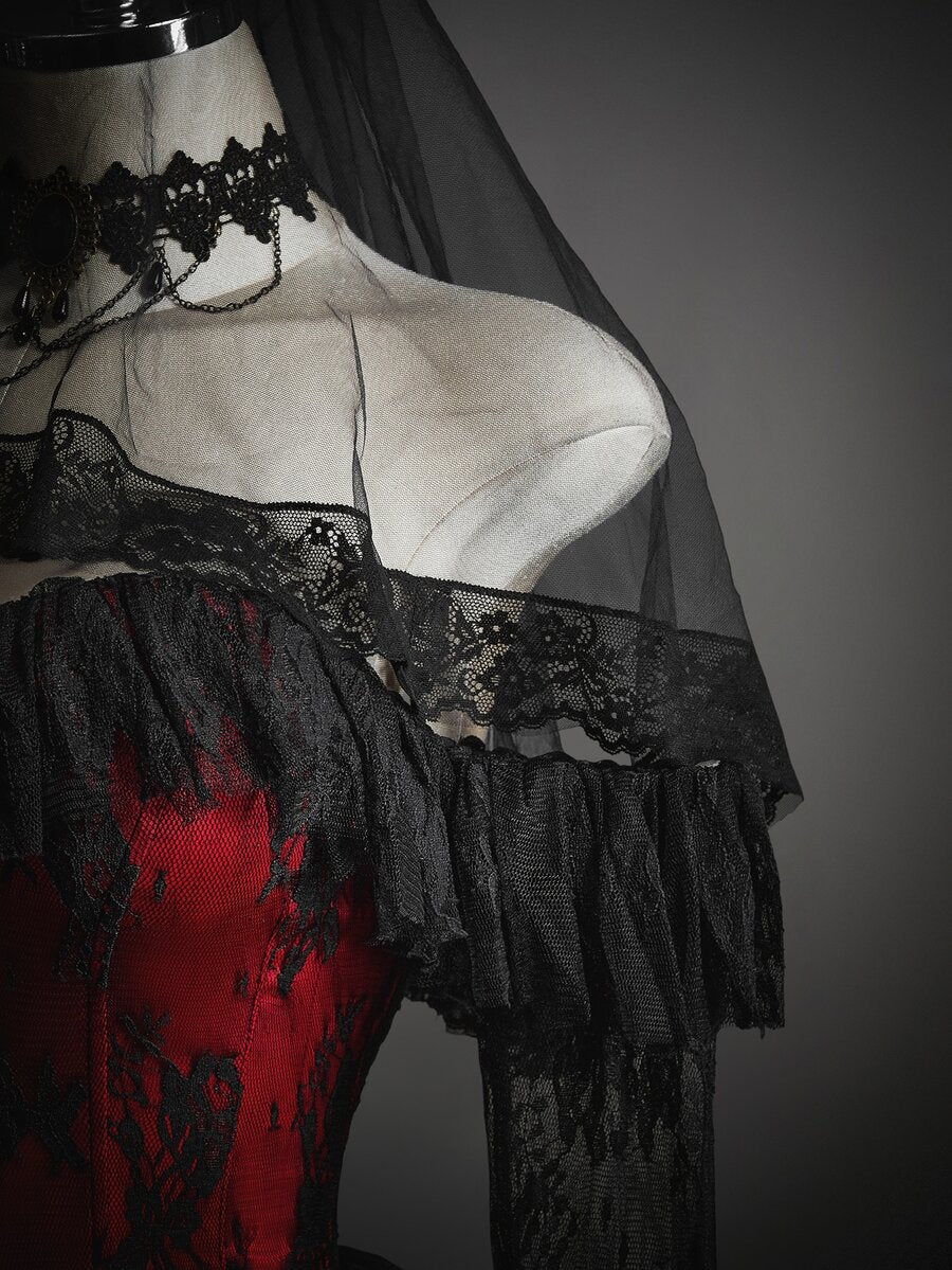 SHEIN ICON Women's Halloween Gothic Corset Vampire Lace Sexy Lace Ruffle Red Bla - L