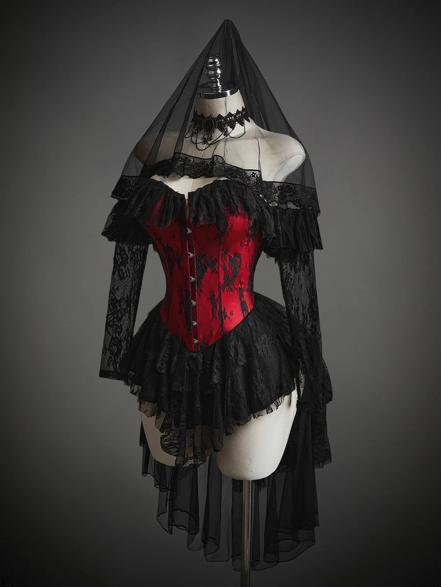 SHEIN ICON Women's Halloween Gothic Corset Vampire Lace Sexy Lace Ruffle Red Bla - image 5