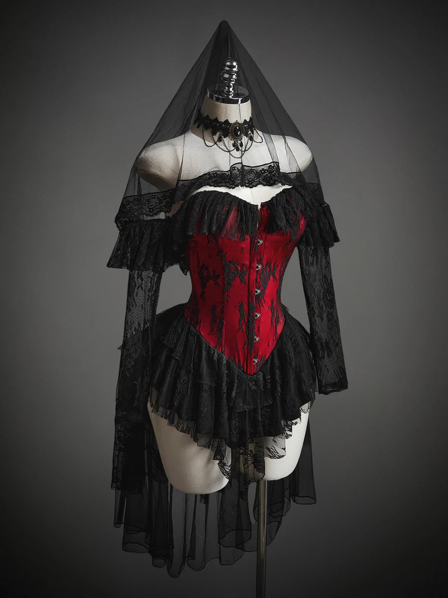 SHEIN ICON Women's Halloween Gothic Corset Vampire Lace Sexy Lace Ruffle Red Bla - M