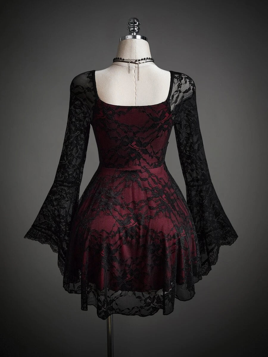 Women's floral lace flounce sleeve ruched bust Halloween dress red and black - view 2