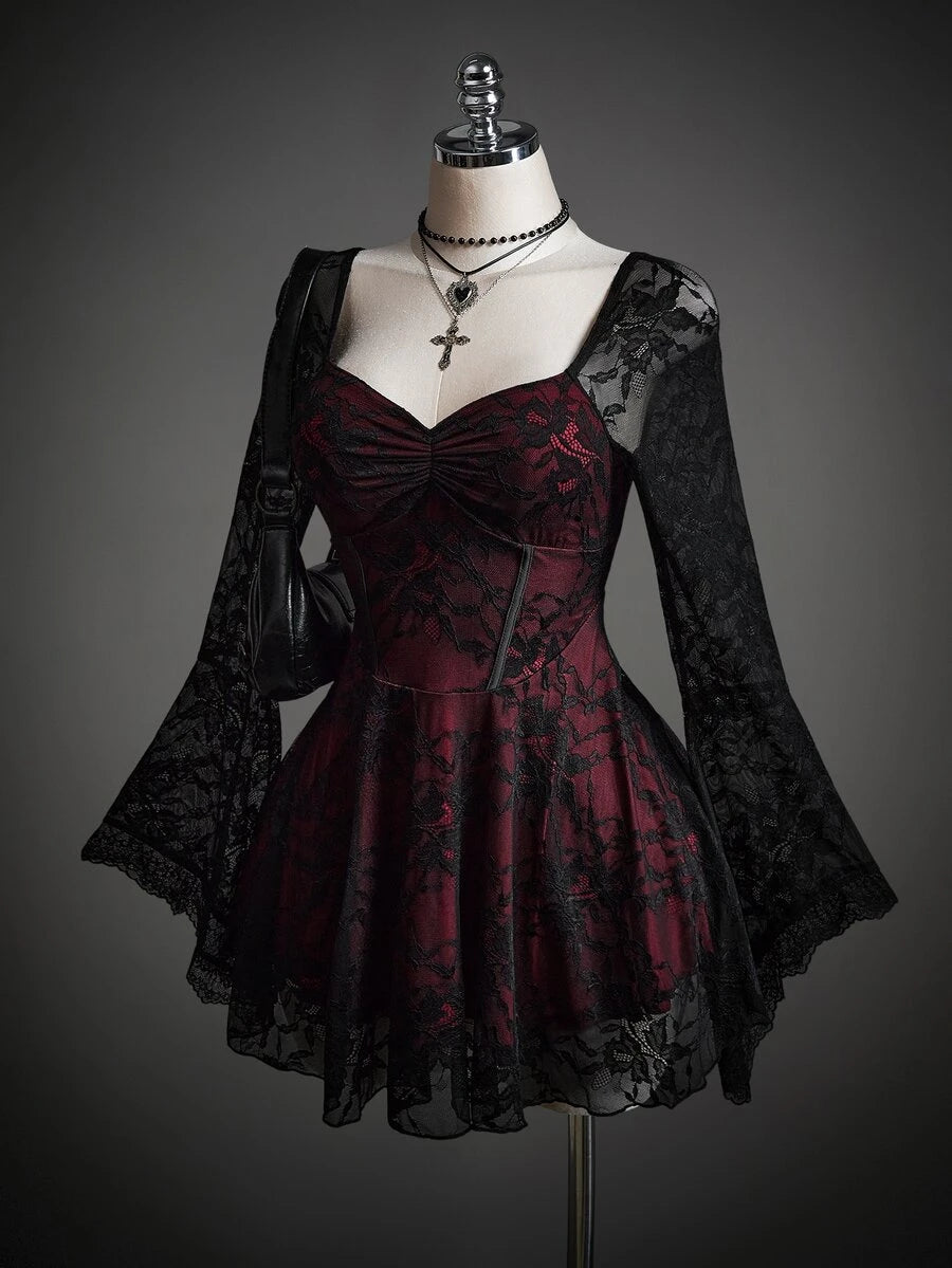 Women's floral lace flounce sleeve ruched bust Halloween dress red and black - view 4