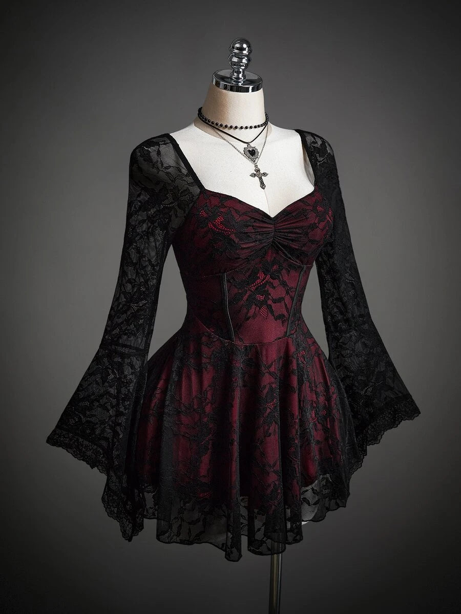 Women's floral lace flounce sleeve ruched bust Halloween dress red and black - view 6