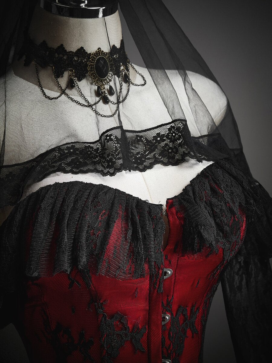 SHEIN ICON Women's Halloween Gothic Corset Vampire Lace Sexy Lace Ruffle Red Bla - image 6