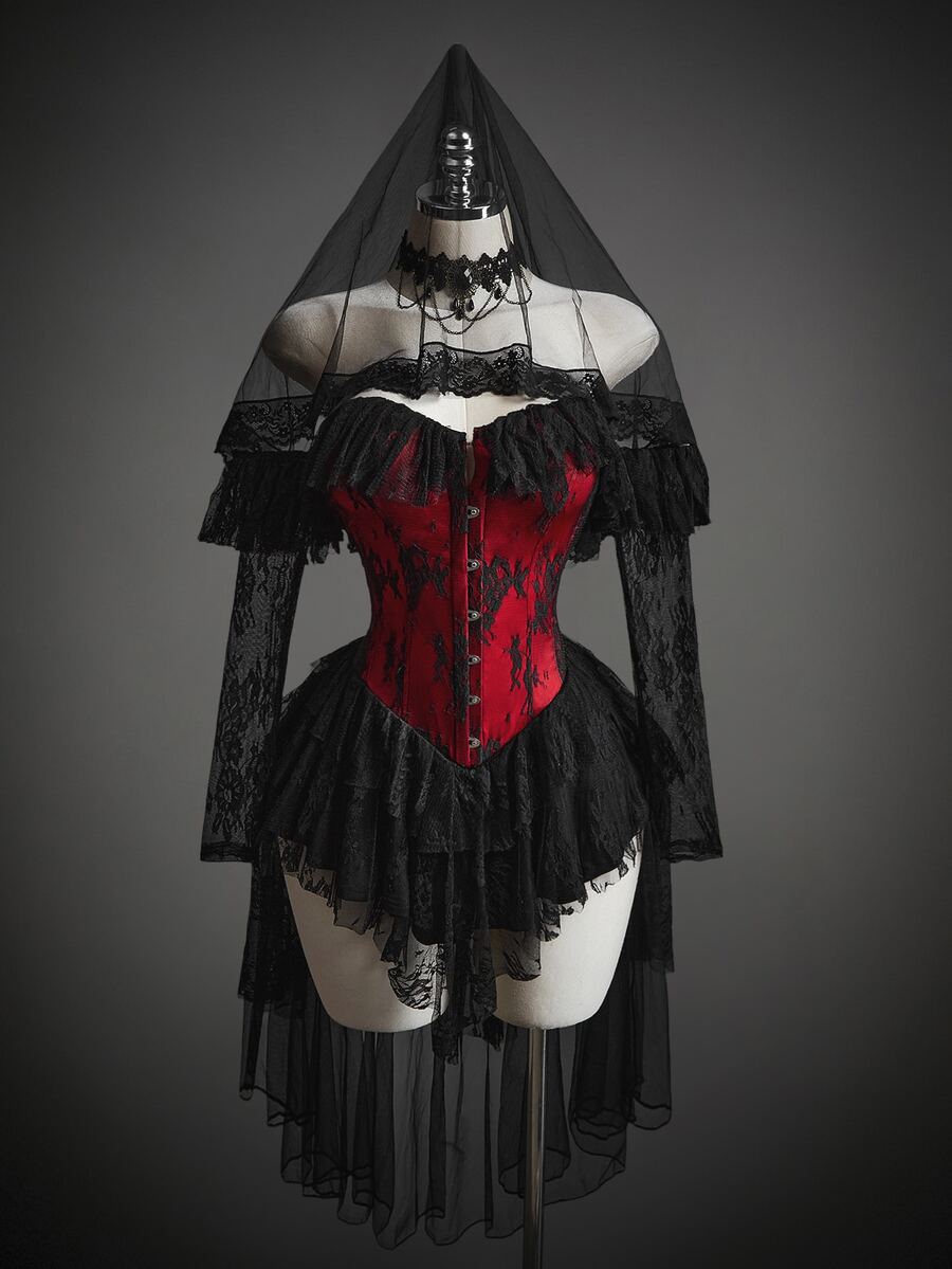 SHEIN ICON Women's Halloween Gothic Corset Vampire Lace Sexy Lace Ruffle Red Bla - XS