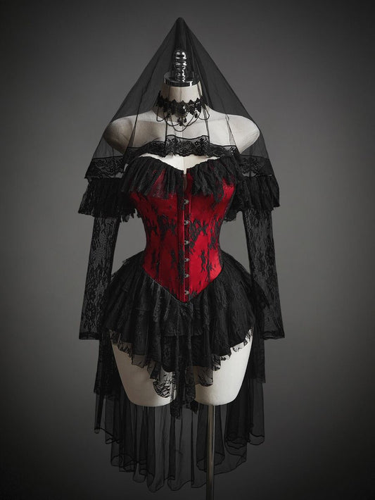 SHEIN ICON Women's Halloween Gothic Corset Vampire Lace Sexy Lace Ruffle Red Bla - XS