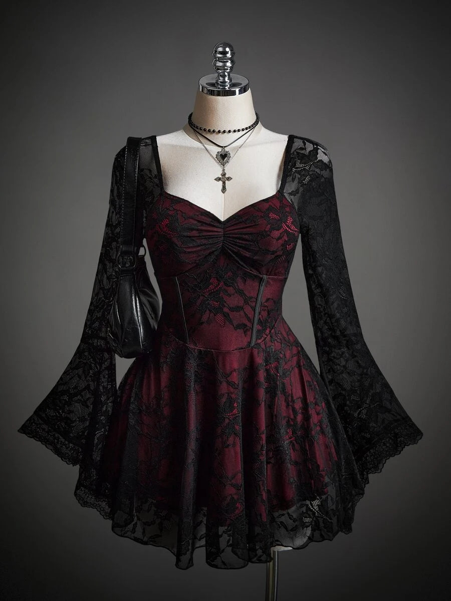 Women's floral lace flounce sleeve ruched bust Halloween dress red and black - view 1