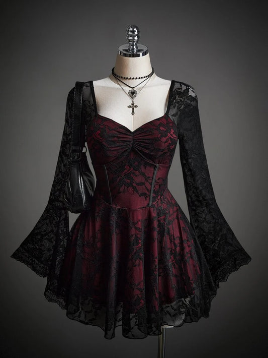 Women's floral lace flounce sleeve ruched bust Halloween dress red and black - view 1