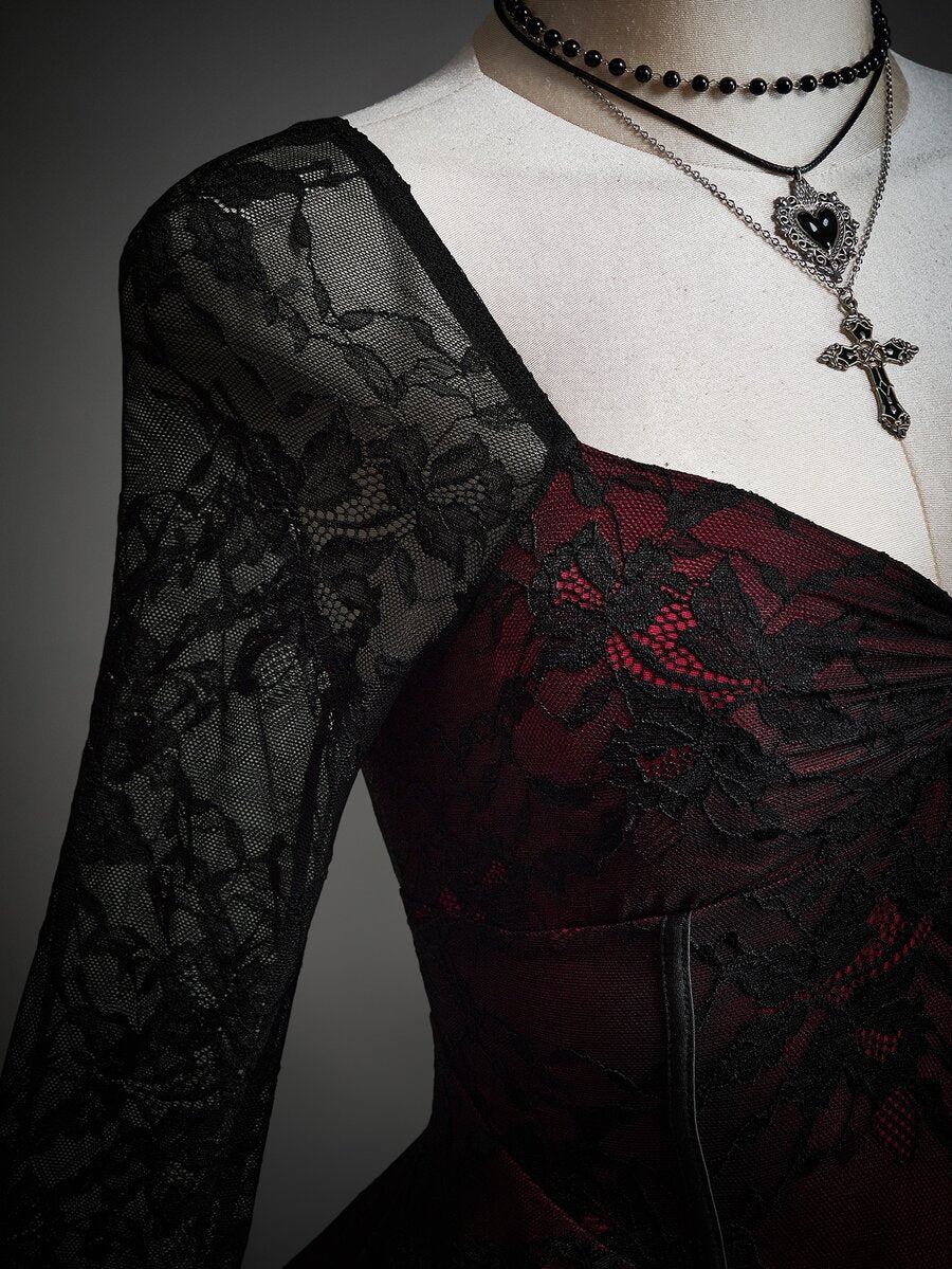 Women's floral lace flounce sleeve ruched bust Halloween dress red and black - view 8