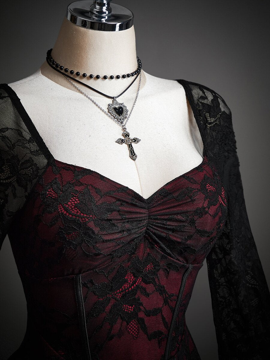 Women's floral lace flounce sleeve ruched bust Halloween dress red and black - view 7
